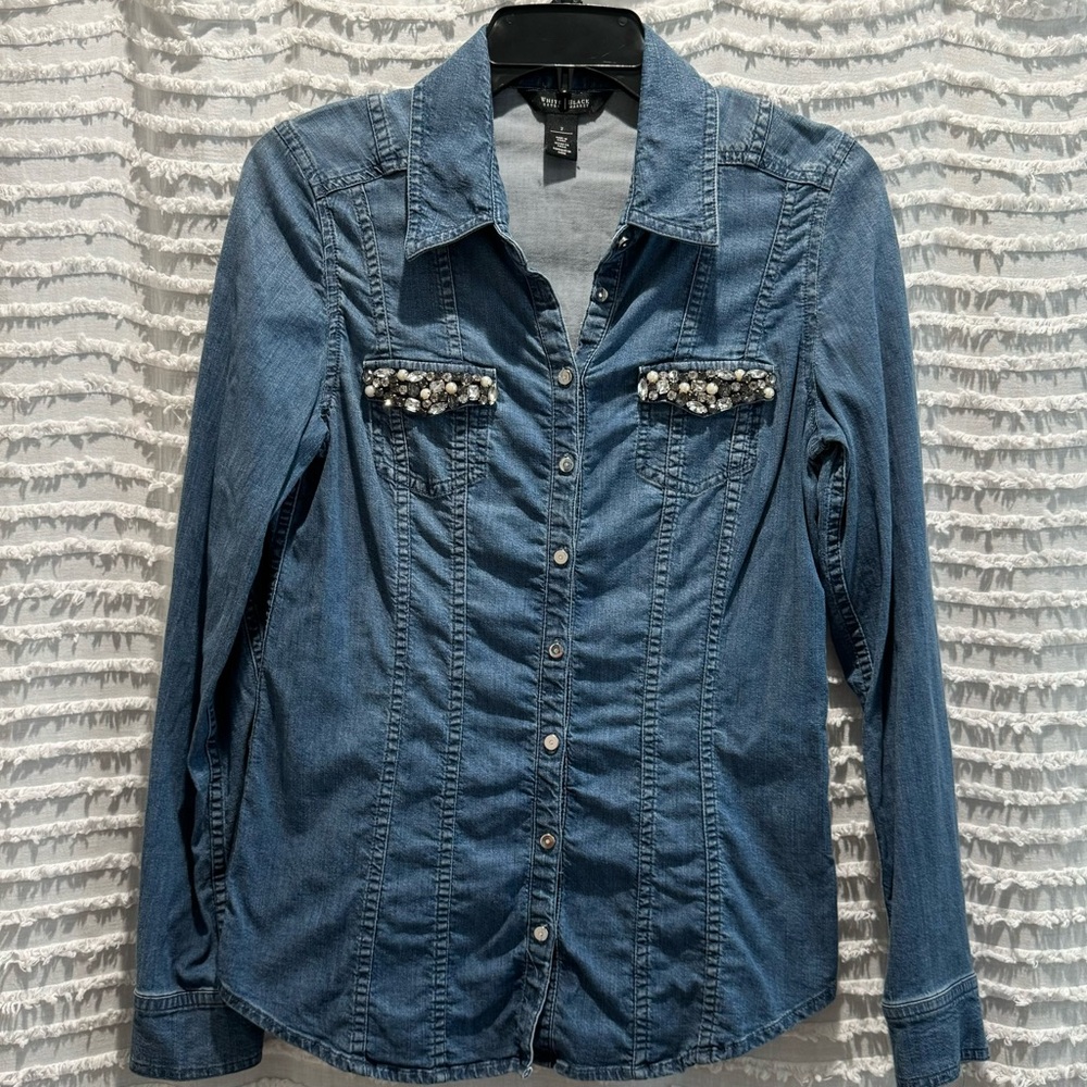 White House Black Market Denim Blouse Long Sleeved With Bling and Pearls, Size 2